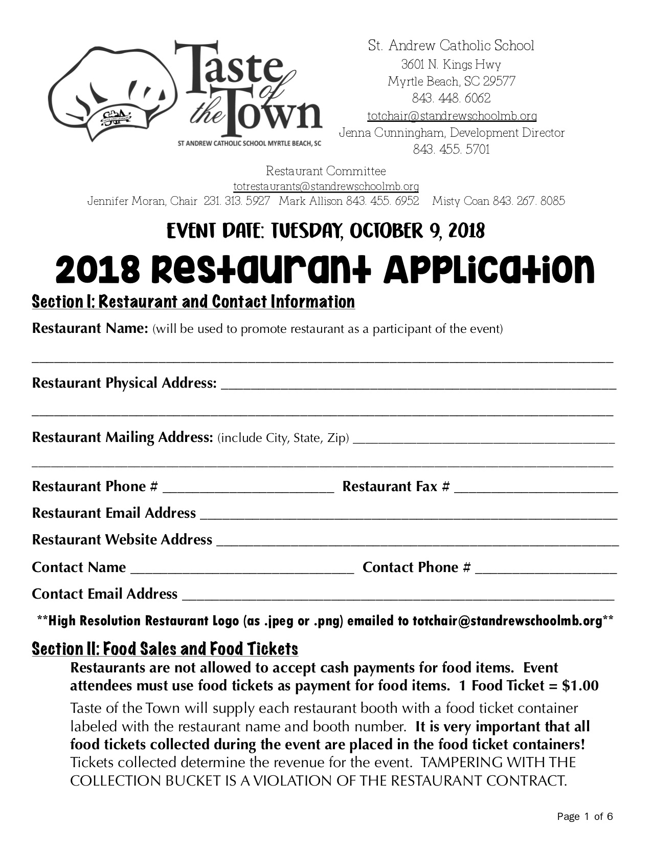 2018 application st andrew catholic school taste of the town restaurant application